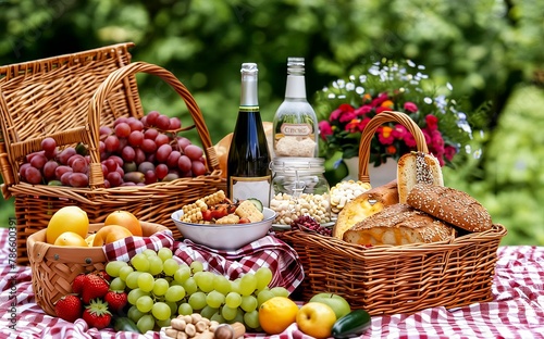 A picnic basket filled with fruits and bread is laid out on a checkered blanket