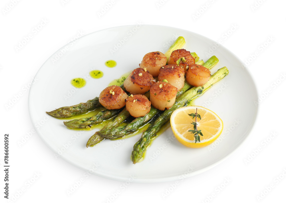 Delicious fried scallops with asparagus, lemon and thyme isolated on white