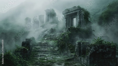 An ancient ruin on a misty mountain, with forgotten temples and overgrown paths. A mysterious fog envelops the scene, creating a sense of mystery and age. Resplendent. photo