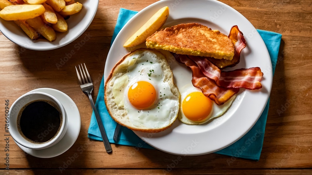 A plate of breakfast food with bacon, eggs, and toast A plate of breakfast food with bacon, eggs, and toast