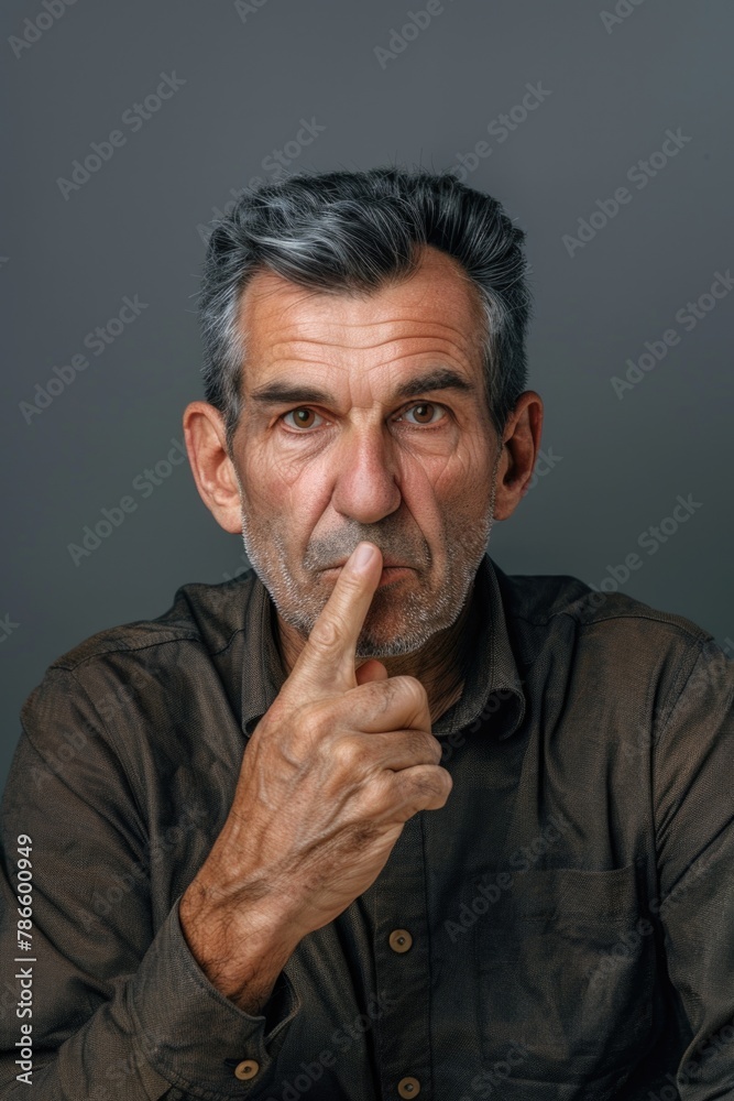 A man making a hushing gesture. Suitable for concepts of secrecy or silence A man making a hushing gesture. Suitable for concepts of secrecy or silence
