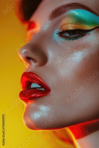 Close-up of a woman's face with vibrant makeup. Suitable for beauty and fashion concepts