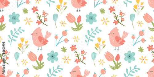 Seamless floral pattern with birds