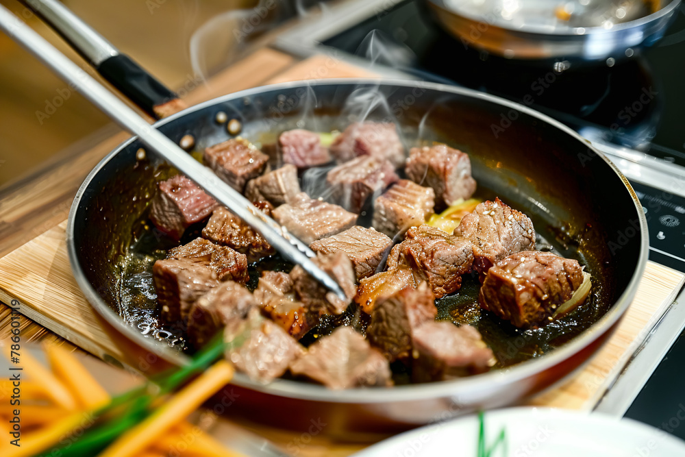 Beef sirloin in a frying pan on a modern kitchen Beef sirloin in a frying pan on a modern kitchen
