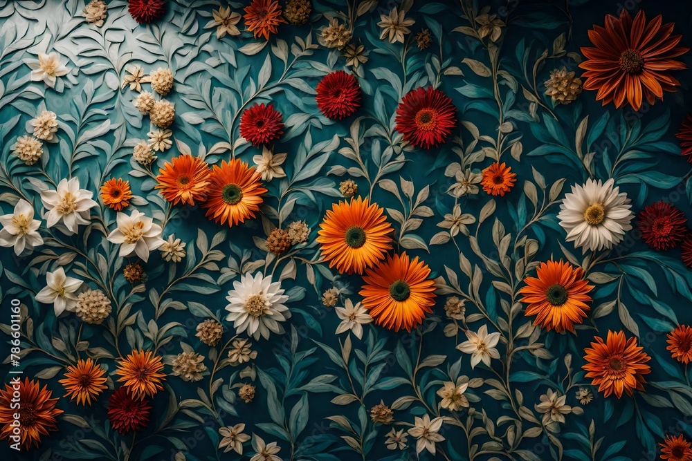 Floral patterns on a wall canvas, a background that turns nature into art. Floral patterns on a wall canvas, a background that turns nature into art.