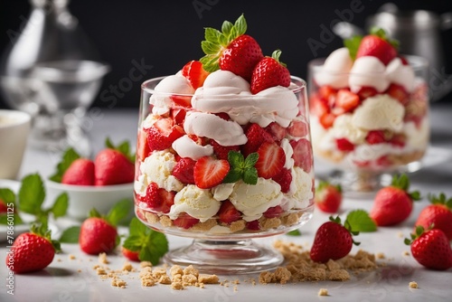 Strawberry Shortcake Trifle with vanilla ice cream and fresh berries. Strawberry summer dessert with ice cream.