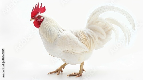 A white rooster with a red comb on its head. Suitable for farm and animal themed designs