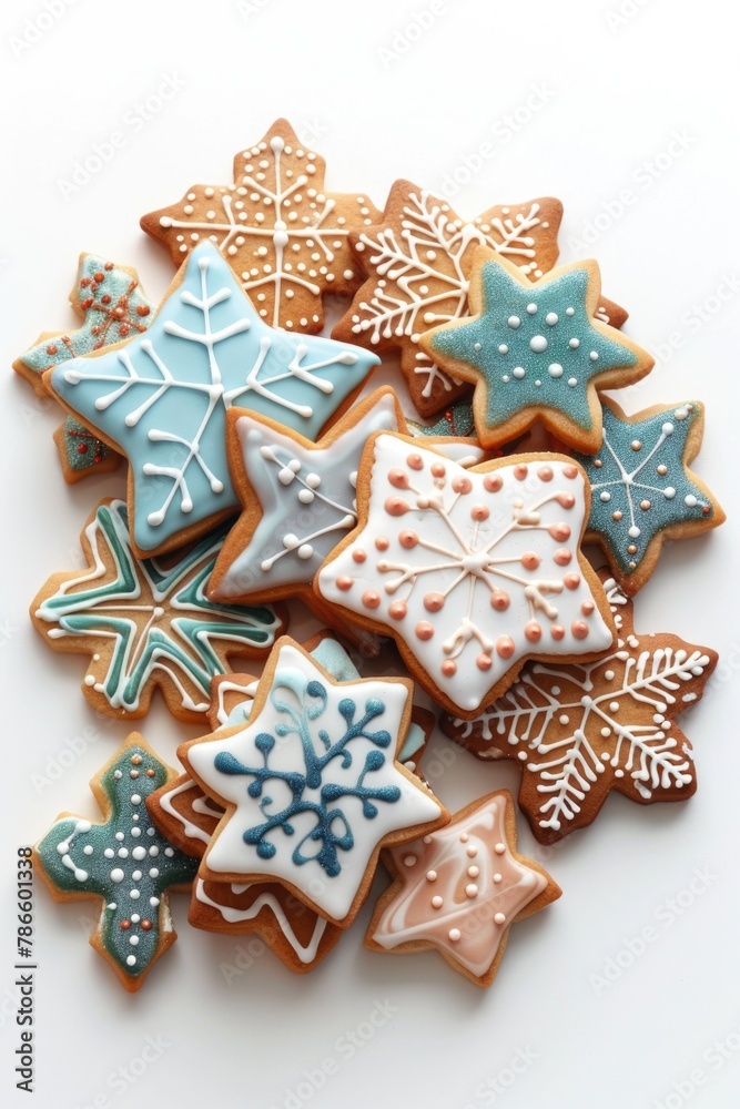 A pile of decorated cookies on a white surface, perfect for baking or holiday concept A pile of decorated cookies on a white surface, perfect for baking or holiday concept