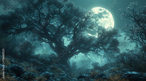 Explore the serenity of a moonlit forest  where ancient trees whisper secrets to the night