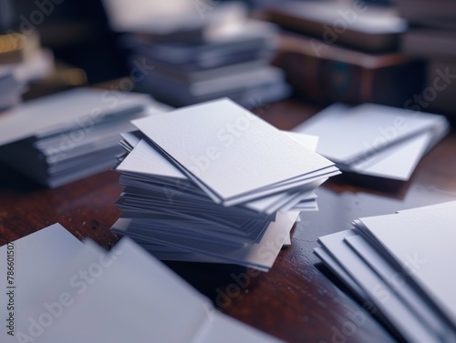 A stack of business cards scattered across a desk, each one a potential connection waiting to be made.realistic, uhd, 4k, hyperrealistic --ar 4:3 Job ID: 947fd2bf-a4dd-4b86-aec3-02eaccb1559b