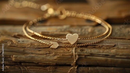 Arrow and heart shape modern golden bracelets on folded paper