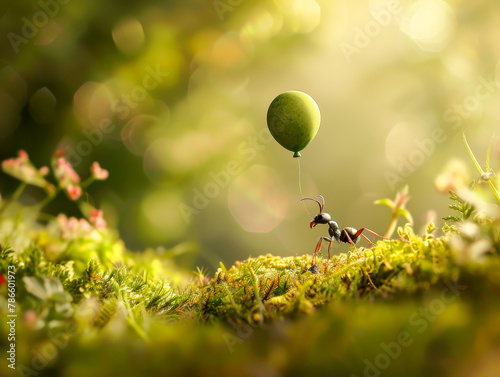 A small ant is holding a green balloon in the air photo