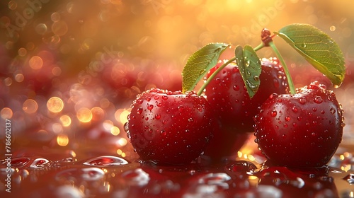 Explore the velvety depths of a ripe cherry, its glossy skin reflecting the soft glow of twilight, a taste of summer in high resolution.