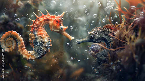 Two sea creatures, one of which is a seahorse, are swimming in the ocean
