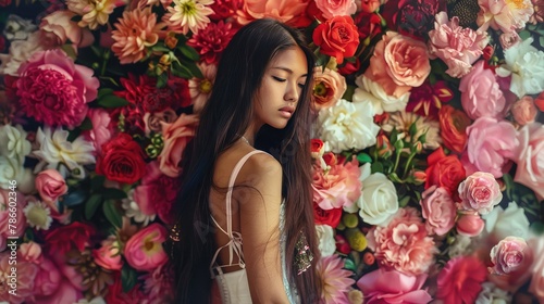 Woman with Long Hair Facing a Wall of Colorful Roses