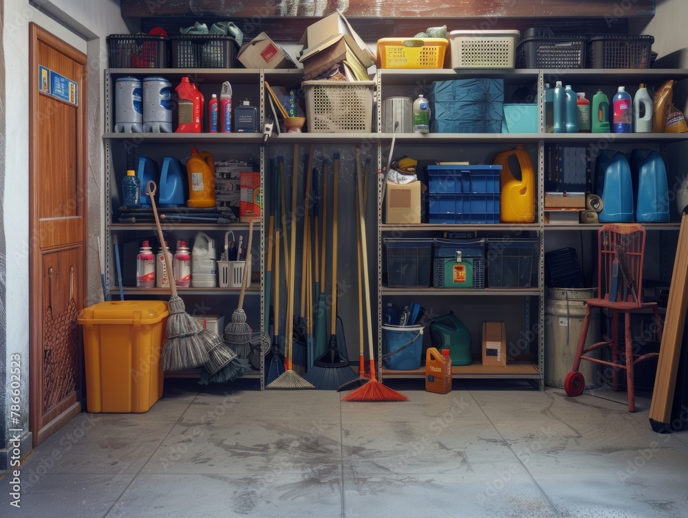 janitorial closet filledmops, brooms, and cleaning supplies in Office Maintenance Storage Room