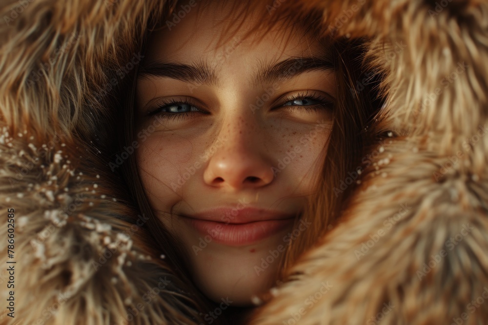 A detailed close-up of a person wearing a luxurious fur coat. Ideal for fashion or winter-themed designs A detailed close-up of a person wearing a luxurious fur coat. Ideal for fashion or winter-themed designs