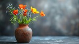   A vase, brimming with an array of vibrant flowers, sits atop a weathered wooden table Nearby, a gray and black wall stands as a backdrop