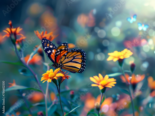 A butterfly is sitting on a flower in a field of flowers