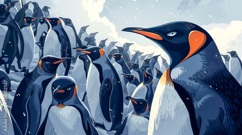 A group of penguins are standing in a line photo