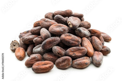 Cocoa beans on a white surface, perfect for food and agriculture concepts