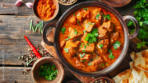 A bowl of red curry with meat and vegetables