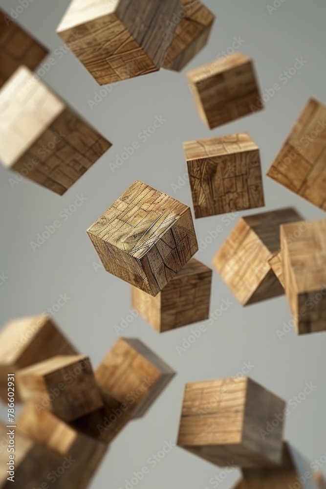 Wooden cubes floating in the air, suitable for creative design projects Wooden cubes floating in the air, suitable for creative design projects
