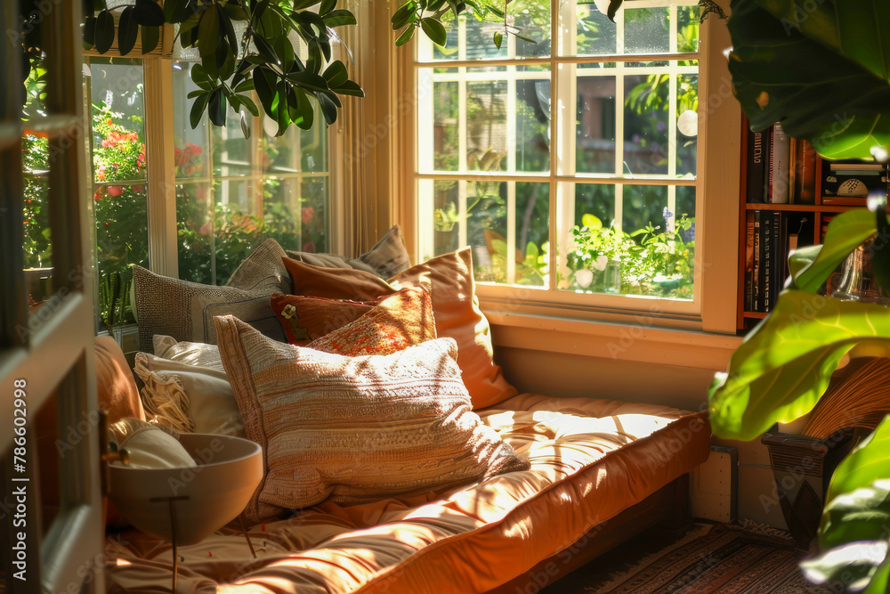 A cozy living room with a couch and a potted plant - obrazy, fototapety, plakaty 