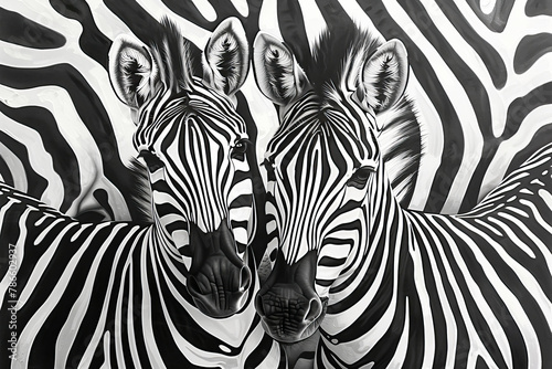 Two zebras are standing next to each other photo