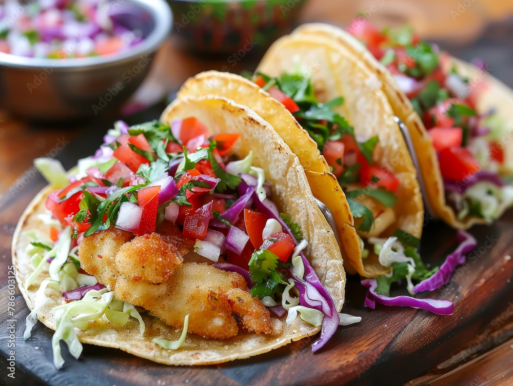 Three tacos with coleslaw and tomatoes on a wooden board Three tacos with coleslaw and tomatoes on a wooden board