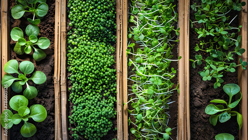 Various microgreens growing in wooden boxes. Top view background. Fresh harvest of greens. Healthy eating, grow sprouts, organic food concept