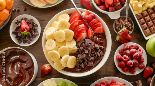 A table full of fruit and chocolate with a bowl of bananas photo