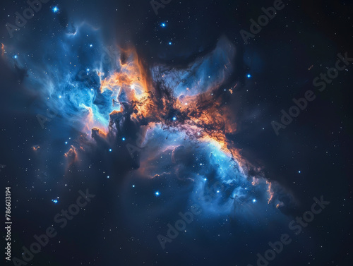 A beautiful blue and orange starry sky with a large cloud of gas