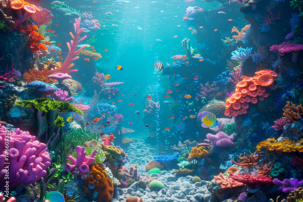 A colorful underwater scene with many fish and coral