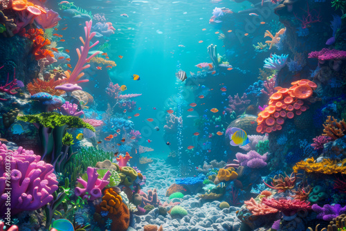 A colorful underwater scene with many fish and coral © Napat