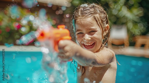 A little girl having fun with a water gun. Suitable for summer activities
