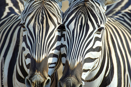 Two zebras are standing next to each other  their heads close together
