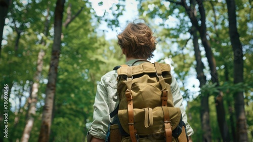 Person with backpack walking through a forest, suitable for outdoor and adventure concepts