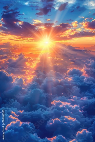 Bright sun above fluffy clouds  perfect for nature concepts