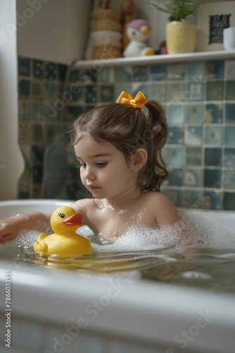 Cute little girl having fun with rubber duck in bathtub. Ideal for children's product promotions