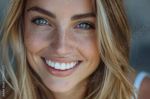 Smile, skincare and portrait of woman with confidence, self love and dermatology treatment. Freckles, pride and female person with natural beauty for cosmetics, healthy skin and identity acceptance © Peopleimages - AI