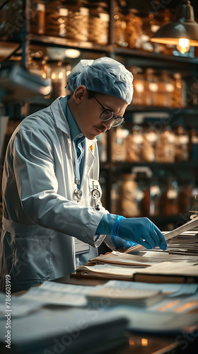 A Medical Records Technician Managing patient medical records, hyperrealistic Healthcare photography