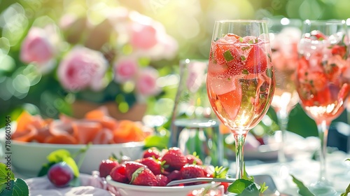 Rose soft drink glasses with antipasti picnic food snacks on sunny garden party table