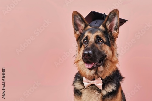 Cute german shepherd dog wearing graduation hat on pink background