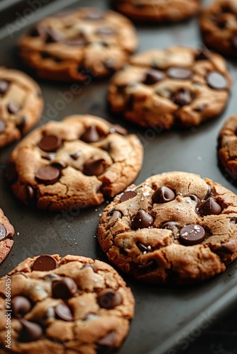 Delicious chocolate chip cookies on a wooden table, perfect for food and dessert concepts © Fotograf