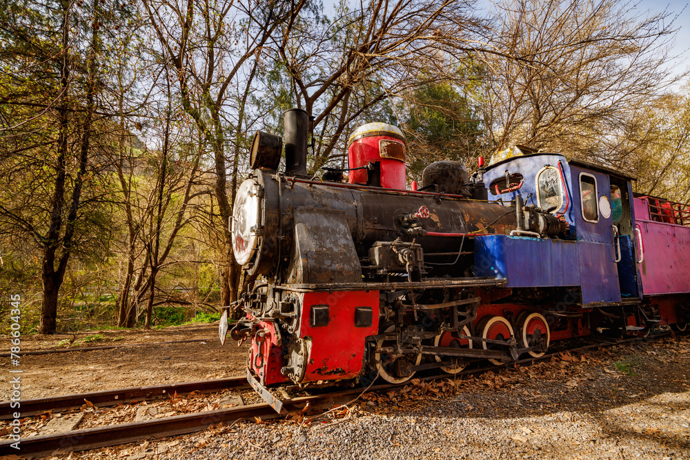 Vintage locomotive on forest railway tracks, antique train with red wheels.