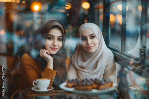 Two elegant young Muslim women enjoying a coffee break, showcasing diversity and modern lifestyle © Studium L&M