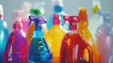 Various colored spray bottles neatly arranged on a table, perfect for household or cleaning product concepts
