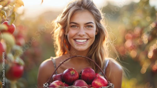   A woman, beaming, cradles a full basket of apples against her hip in a sun-dappled apple orchard Sunlight bathes her face in radiant light © Anna