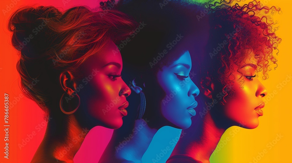 Obraz premium Woman history month design, silhouettes of four women of various races, minimalist, Vibrant color and cool pattern